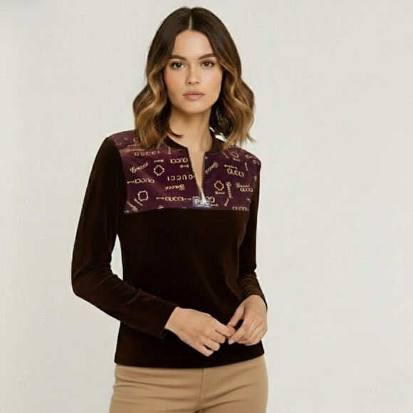 Vintage Brown Velvet Logo Top with Rhinestone Zip Detail, Size M - Picture 8 of 16